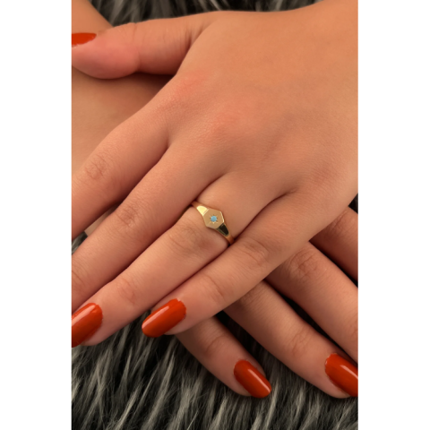 Altın Firuze Taş Detaylı Altıgen Yüzük