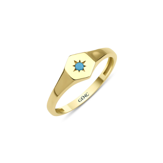 Altın Firuze Taş Detaylı Altıgen Yüzük