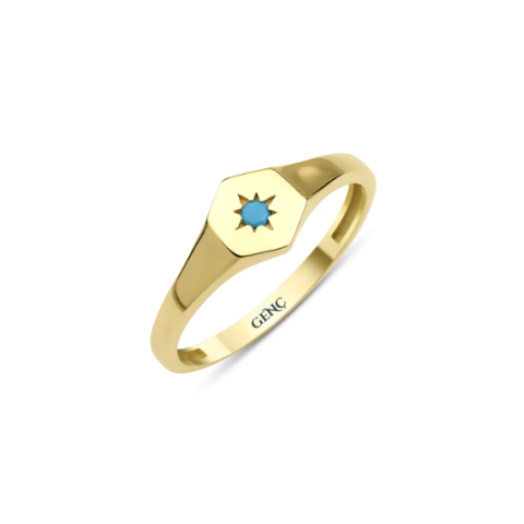 Altın Firuze Taş Detaylı Altıgen Yüzük