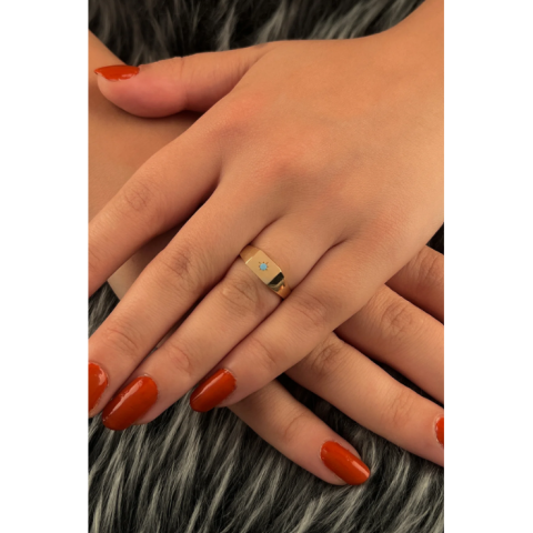 Altın Firuze Taş Detaylı Kuzey Yıldızı Desenli Dikdörgen Yüzük