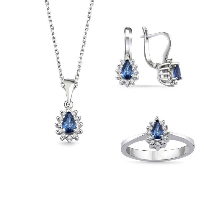0.36 Toplam Karat Pırlantalı Safir Taşlı Mini Set