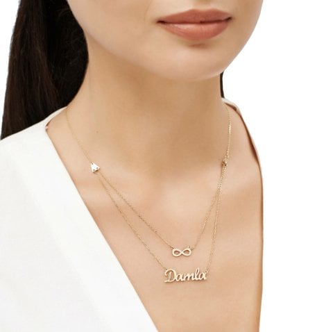 Altın İki Sıra Sonsuzluk ve İsim Kolye