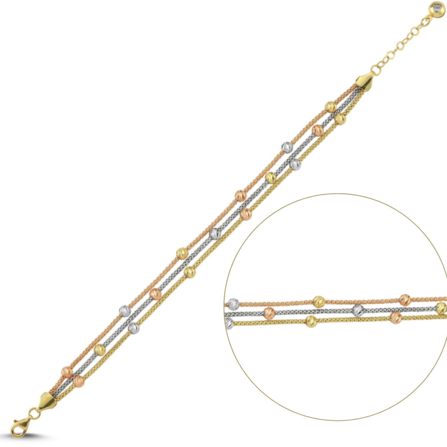 Örgülü Üç Sıra Üç Renk Dorika Altın Bileklik