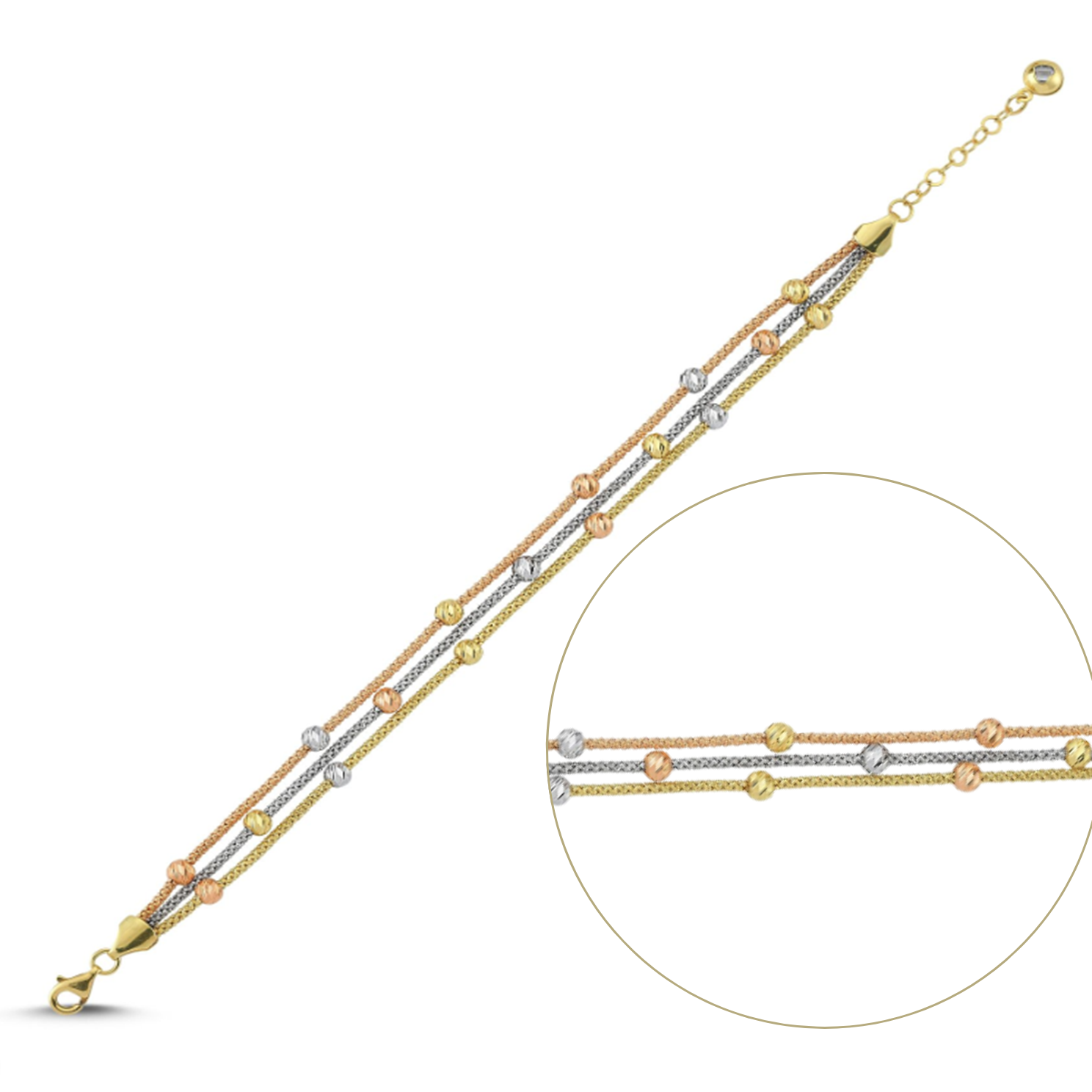 Örgülü Üç Sıra Üç Renk Dorika Altın Bileklik