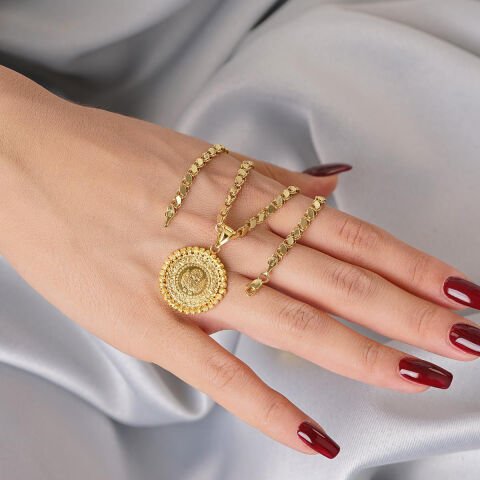 22 Ayar Çeyrek Altın Uç 14 Ayar Altın Pullu Halep Zincir Kolye