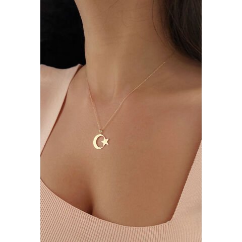 Altın Taşsız Ay Yıldız Kolye