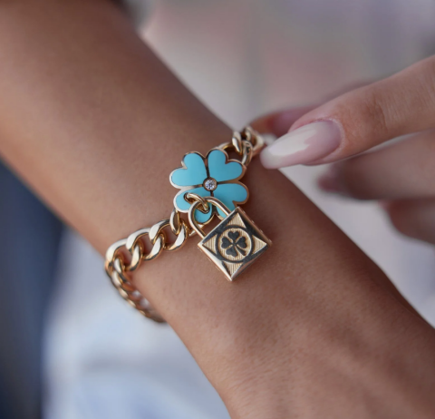Altın Gri/Turkuaz  Yonca Mineli Dilek Kilit Bileklik