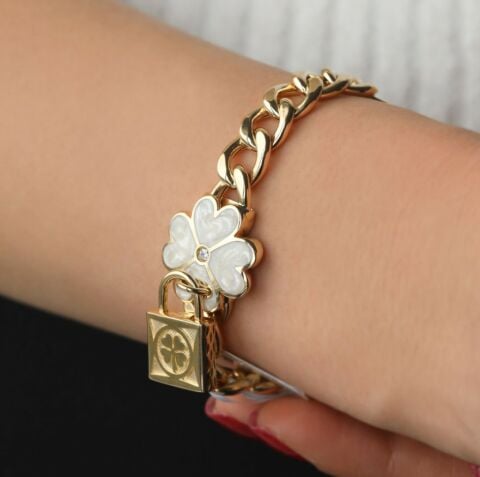 Altın Gri/Turkuaz  Yonca Mineli Dilek Kilit Bileklik