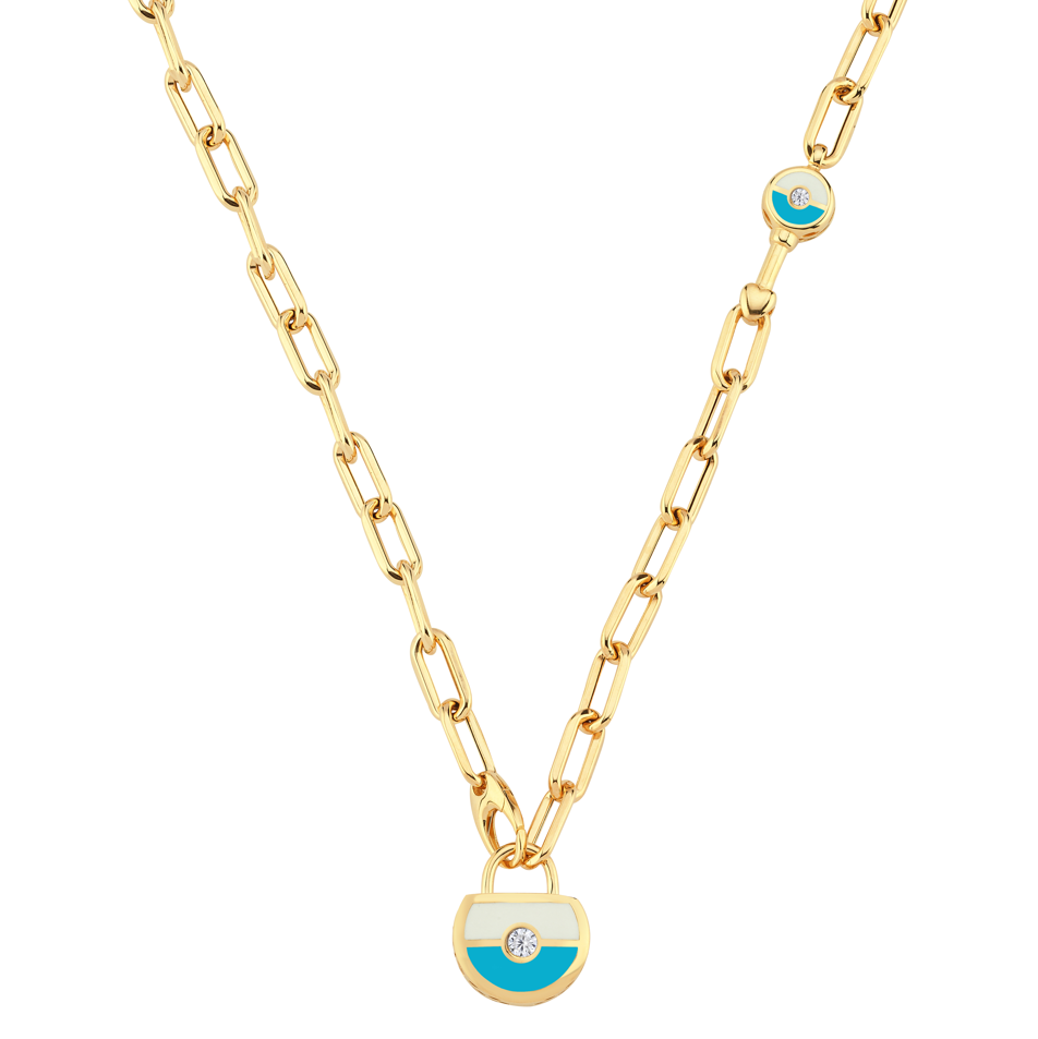 Altın Turkuaz-Beyaz Mine Kilitli Dilek Kolyesi