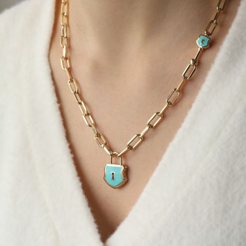 Altın Turkuaz Mine Kilitli Dilek Kolyesi