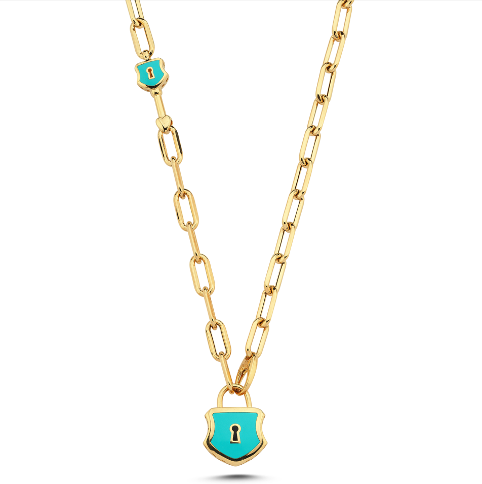 Altın Turkuaz Mine Kilitli Dilek Kolyesi
