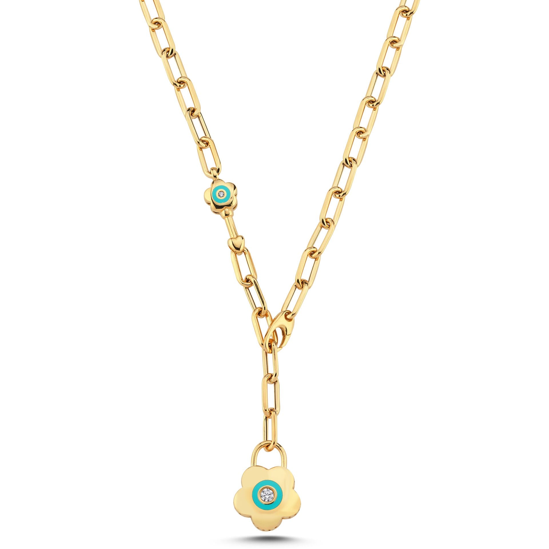 Altın Turkuaz Mineli Çiçek Kilitli Dilek Kolyesi