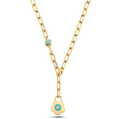 Altın Turkuaz Mineli Çiçek Kilitli Dilek Kolyesi