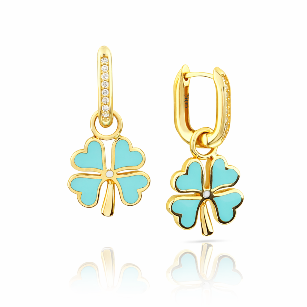 Yonca Turkuaz Altın Küpe