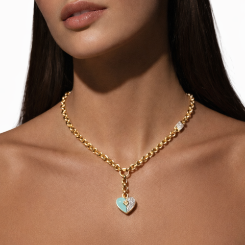Altın Turkuaz Kalp Kolye