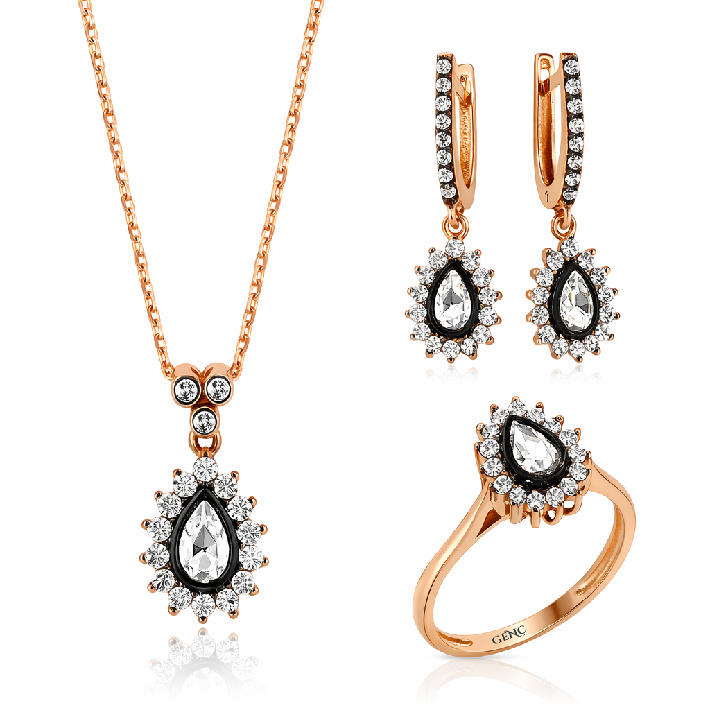 Altın Elmas Eskitmeli Damla Taşlı 3'lü Set