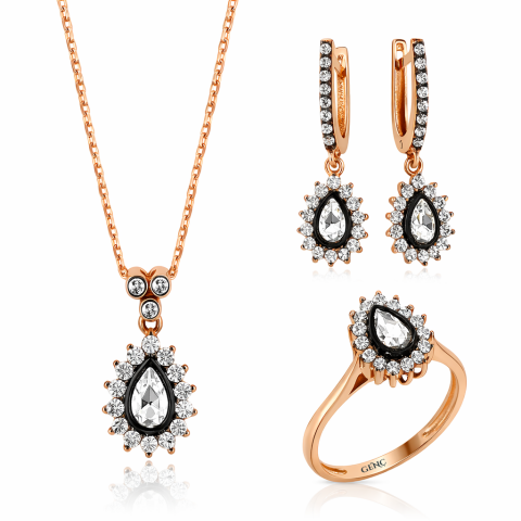 Altın Elmas Eskitmeli Damla Taşlı 3'lü Set